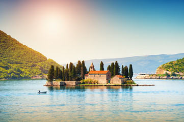 St. George island near Perast town in Kotor bay, Montenegro. Beautiful summer landscape at sunset....