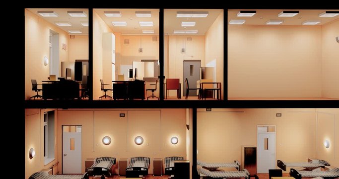 Section view visualization of the interior room space of building without a front facade wall