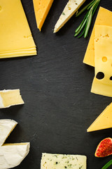 cheese variety (delicious snack, different types of hard and soft cheese) menu concept. food background. copy space. Top view