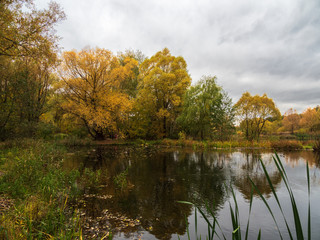 Autumn, Park, trees, pond, clouds.
