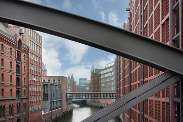 The Speicherstadt, (canals and warehouse district), in Hamburg Germany