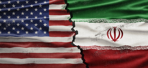 Political relationships. American and Iranian Flag divided diagonally. Partnership and conflicts.