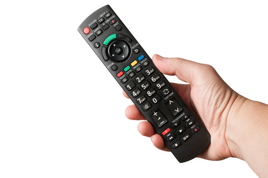 Man's hand hold a TV remote control on white background