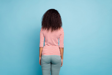 Rear view photo of amazing dark skin lady turned back not showing face offended at boyfriend wear...
