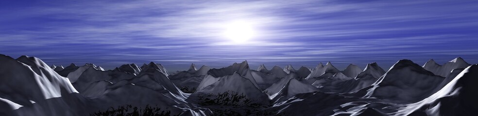SnSnow peaks against the sky. Panorama of the mountains at sunset. 3D rendering.ow peaks against the sky. Panorama of the mountains at sunset. .