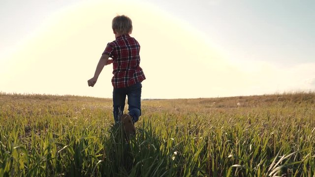 happy family little boy a runs concept slow motion video. happy child girl with sunset nature outdoors running on meadow in summer in nature lifestyle . happy carefree childhood concept