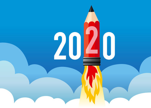 Illustration d’une fusée en forme de crayon qui décolle en symbolisant l’énergie d’une jeune entreprise voulant réussir et atteindre ses objectifs pour l’année 2020