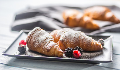 Freshly crispy croissants sprinkled sugar powder with raspberry blackberry and blueberry with mellisa leaves