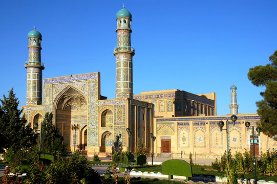 Herat in western Afghanistan. The Great Mosque of Herat (Friday Mosque or Jama Masjid). The mosque is decorated with mosaics and Quranic calligraphy. Friday Mosque and garden in Herat, Afghanistan.