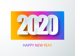 Happy 2020 new year colour banner in paper style for your seasonal holidays flyers. Cover of business diary for 2020 with wishes. Greetings and invitations, christmas themed congratulations and cards