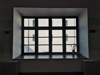 window with red curtains