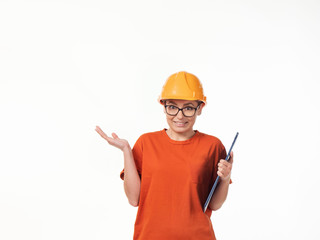 beautiful foreman girl in a yellow helmet with a blue folder on a white background