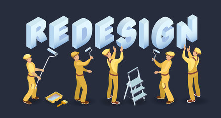 Redesign services. Isometric concept. Team of builders are works. Vector.
