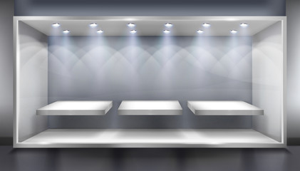 Shelves for store display. Empty place for exhibition in a shop illuminated by the spotlights. Vector illustration. - 294657353