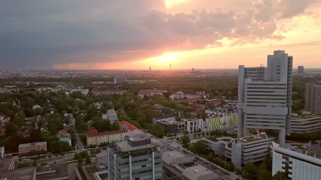 Impressive sunset view captured by a flight with a drone over munich.