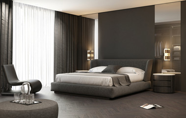 Dark grey contemporary luxury modern bedroom with stool and a modern carpet	