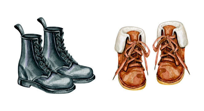 Watercolor hand drawn illustration of stylish boots