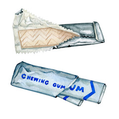 Watercolor hand drawn illustration of chewing gum pack