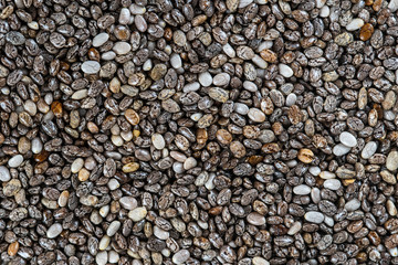 Background of the chia seeds. Close up, top view. Texture raw chia seeds