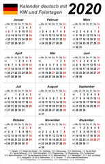 Kalender 2020 - weiß - hochkant - deutsch - mit Feiertagen (85 x 54 mm) 