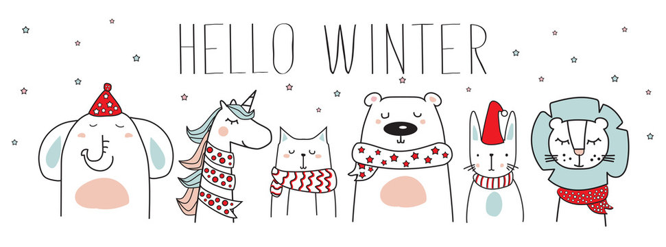 cute animals with winter scarves, hats and hello winter text, vector illustration