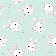 Seamless pattern of cute white bunnies on green background. Children print textile design.