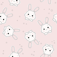 Cute pink cartoon background with bunnies. Rabbit pattern texture. Bunny foot and tail rabbit children decoration background.