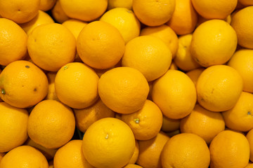 A lot of yellow lemons on a market as a texture or background. Lemon harvest. Healthy and vitamin food. Citrus fruits.