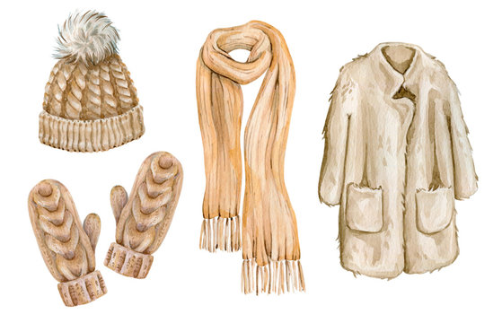 Watercolor Hand Drawn Illustration Of Winter Clothes Set