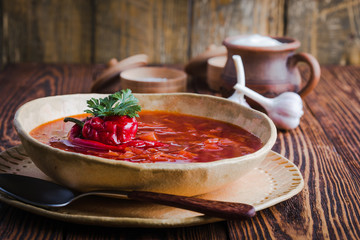 Beetroot red borsch, Ukrainian cuisine, vegetarian soup