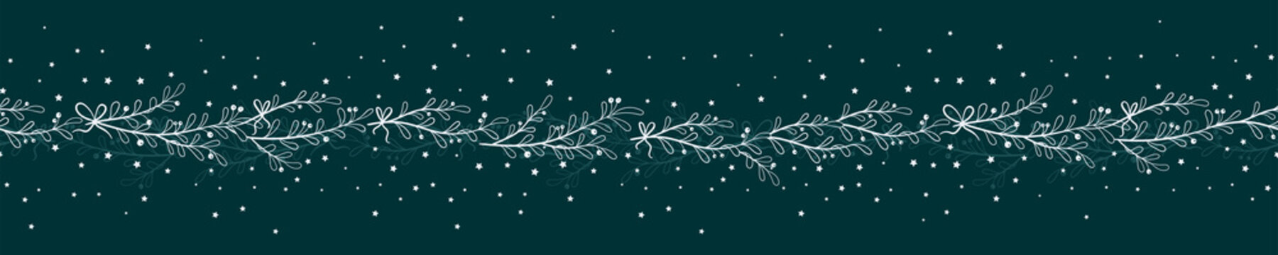 Fun hand drawn christmas branches seamless pattern with stars and ribbons - vector surface design