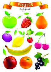 Colorful fruits collection for food market advertising products. Isolated on white