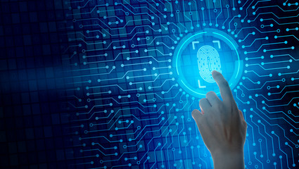 Fingerprint scan provides security access with biometrics identification.Businessman scan fingerprint biometric identity and approval.Business Technology Safety Internet Concept.