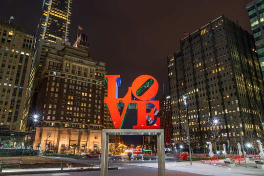 PHILADELPHIA, USA - MAR 24, 2019 : The LOVE Park, officially known as John F Kennedy Plaza located in Philadelphia, Pennsylvania. The park is nicknamed Love Park for its reproduction of Robert Indiana