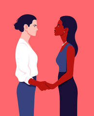 Two women stand in profile and hold hands. Feminism. Sisterhood. Community of girls of different nations. Vector flat illustration