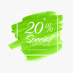 Sale Special Offer 20% sign over acrylic brush paint background - Vector. Perfect watercolor design for a shop label and sale banners.