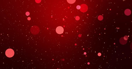 Golden confetti and bokeh lights on the red Christmas background. 3D render