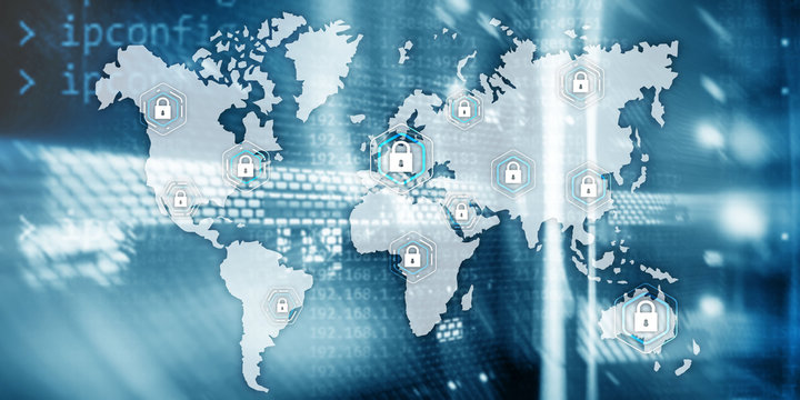 Global cyber security concept communication privacy data protection server room background.