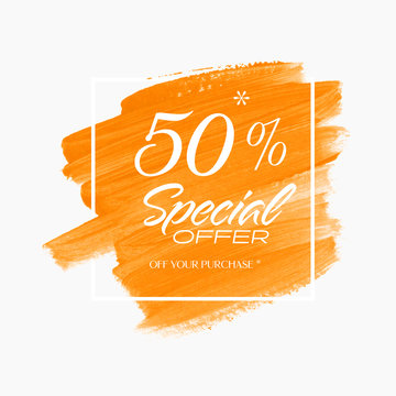 Sale Special Offer 50% sign over acrylic brush paint background - Vector. Perfect watercolor design for a shop label and sale banners.