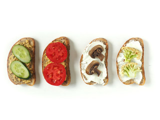 Sandwiches with vegetables and fruits. Vegan. Healthy diet. Copy space.