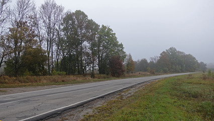 Misty morning on the road in the fall. Autumn trees