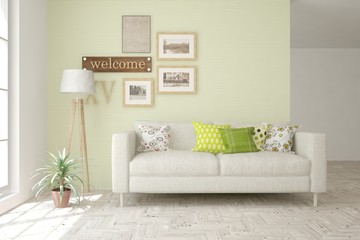 Stylish room in white color with sofa. Scandinavian interior design. 3D illustration
