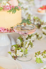 Fruits martini in a festive glass, wedding boho`s table closeup