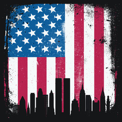 NYC New York City September 11 9/11 Skyline Twin Towers Silhouette with American Flag Background Grunge Distress Border Background Stars and Stripes - obrazy, fototapety, plakaty