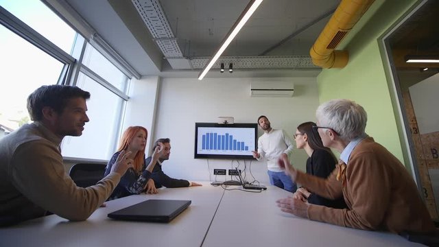 Businessman presenting project strategy showing ideas on interactive whiteboard in office 