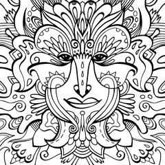Flower-face coloring page. Hand-drawn with ethnic floral doodle pattern. Zendala, design for spiritual relaxation for adults. Black vector illustration on a white background.
