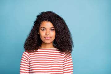 Fototapeta premium Close-up portrait of her she nice attractive lovely pretty calm content wavy-haired girl wearing striped pullover isolated over blue turquoise pastel color background