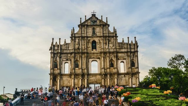 4K time lapse of historical  ruins of St. Paul church, Macau. Camera pan down.