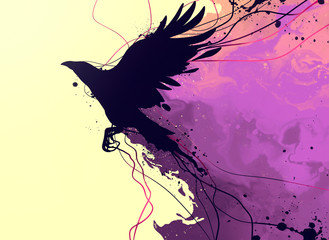 drawing of a raven with elements of abstraction and splashes - obrazy, fototapety, plakaty