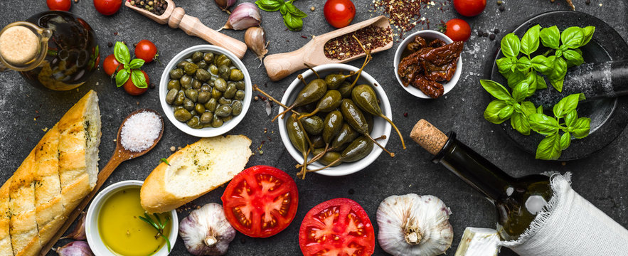 Ingredients for mediterranean food on black background